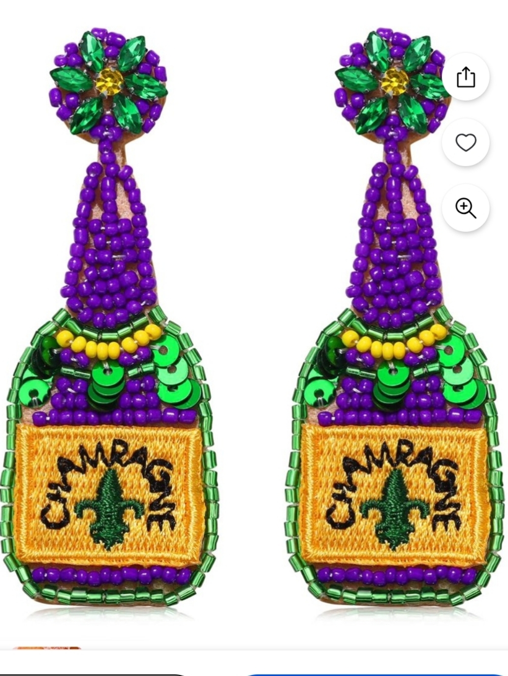Beaded Champagne Bottle Statement Earrings in Purple, Green & Gold NWT